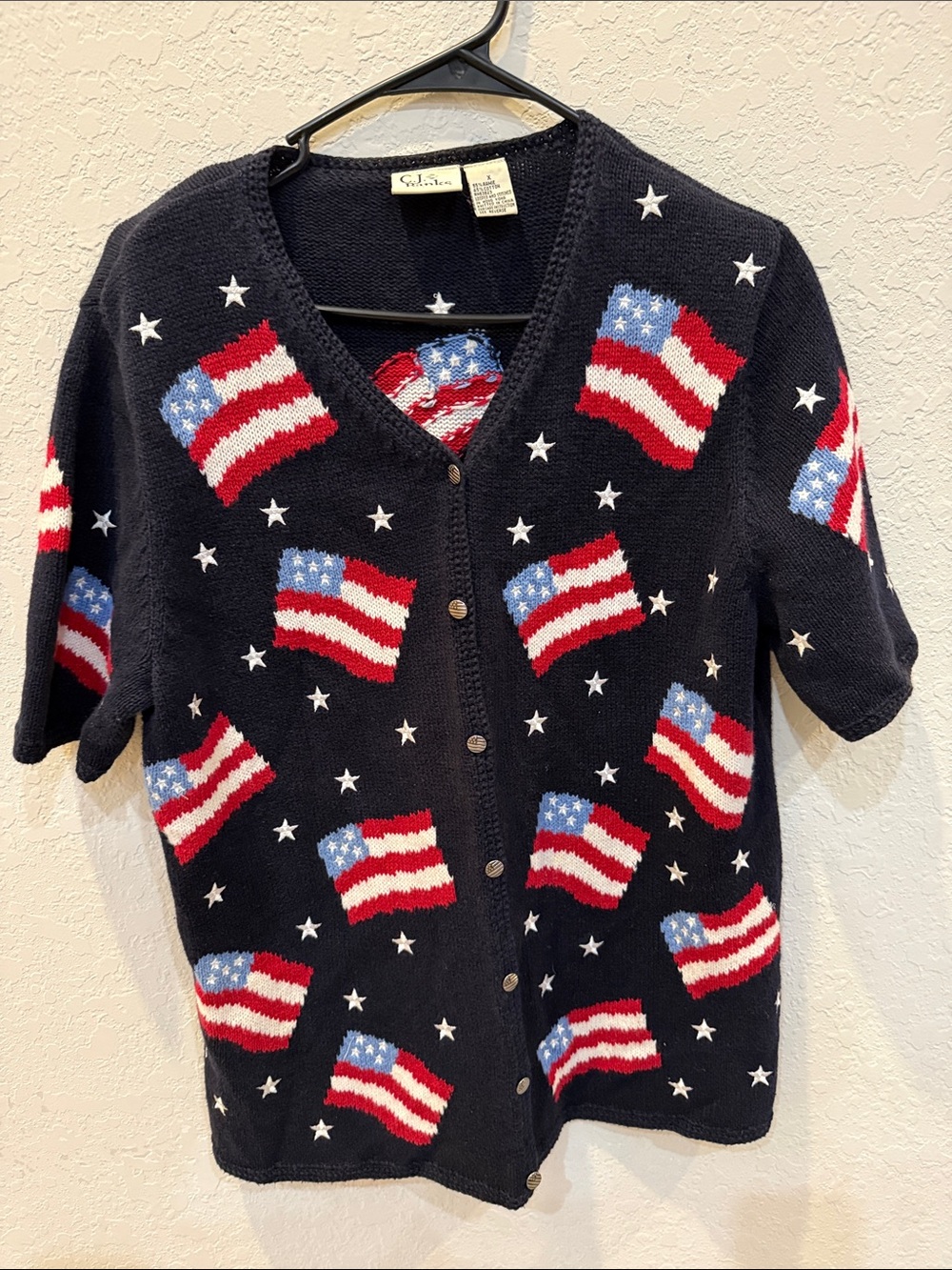 CJ Banks Navy Short-Sleeve Cardigan with American Flag Motif